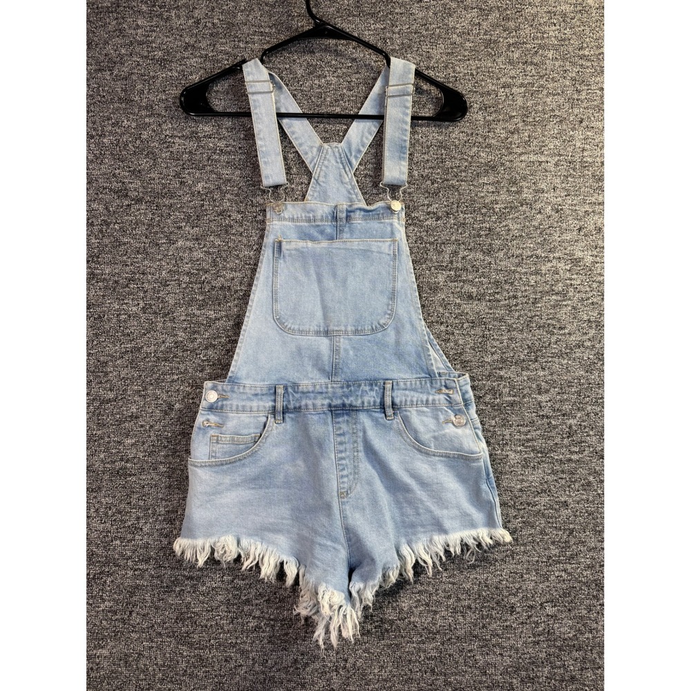 Forever 21 Light Wash Distressed Denim Shortalls Raw Hem Size M